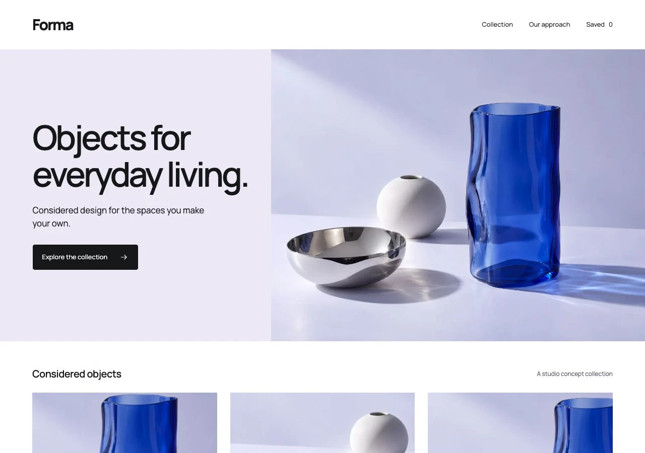 Forma studio demonstration, showing an original responsive shop layout with cobalt glass and porcelain objects