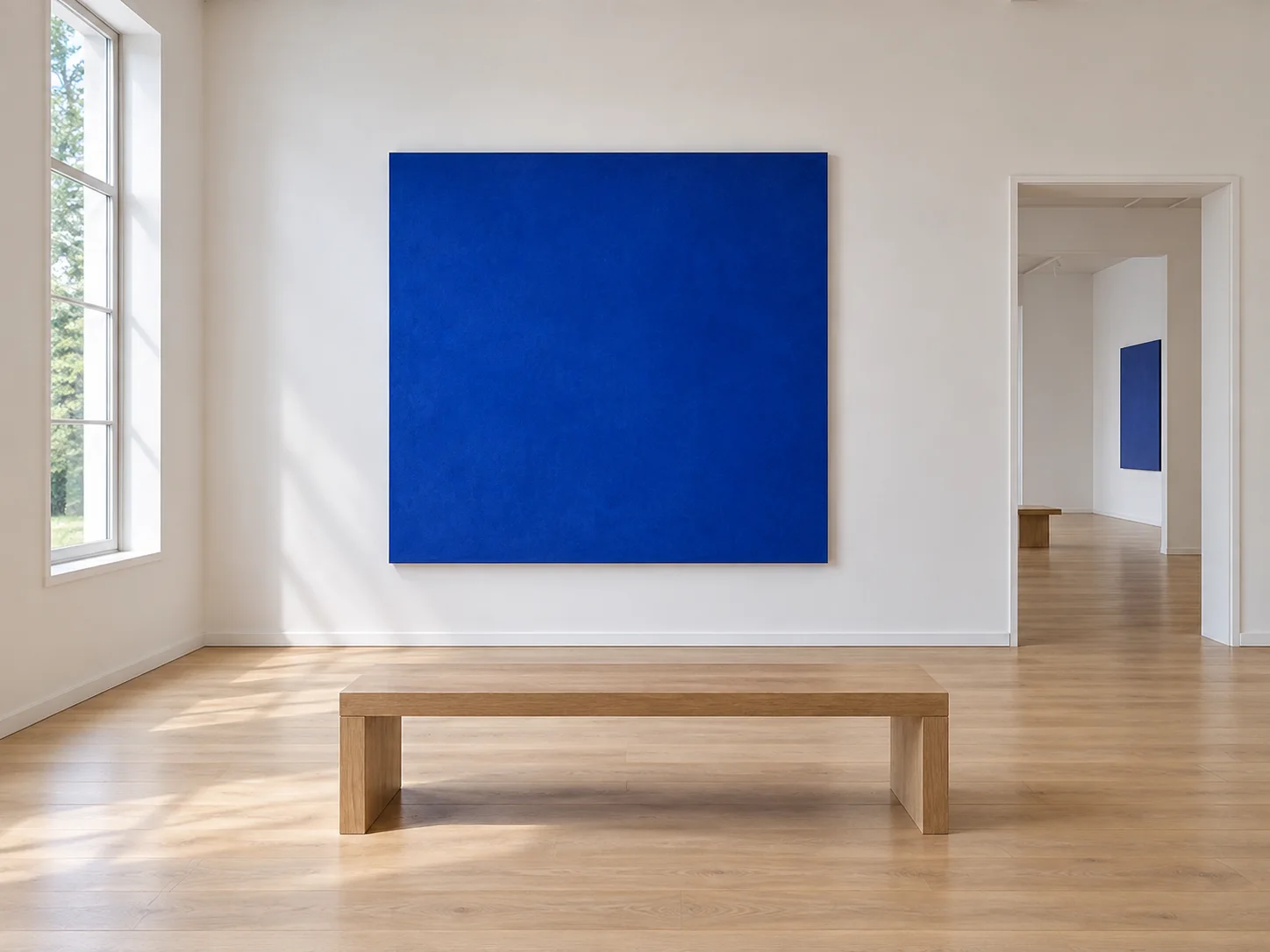 An illustrated gallery with a blue canvas, a wooden bench and an open doorway at floor level